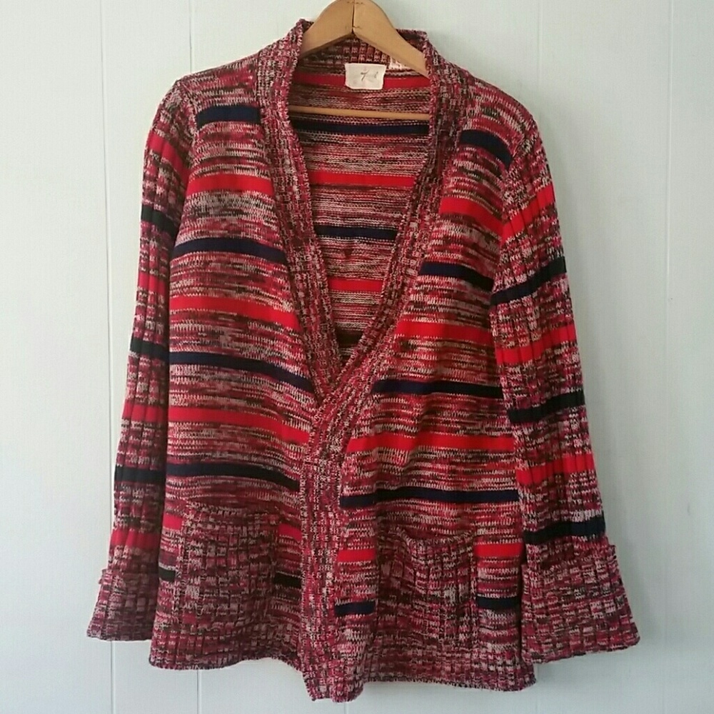 Vintage Cardigan Sweater Red Striped Woven Rustic